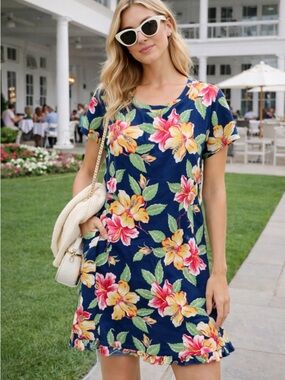 Polo Ralph Lauren Floral T-Shirt Dress Navy Hibiscus Print Mini 36441